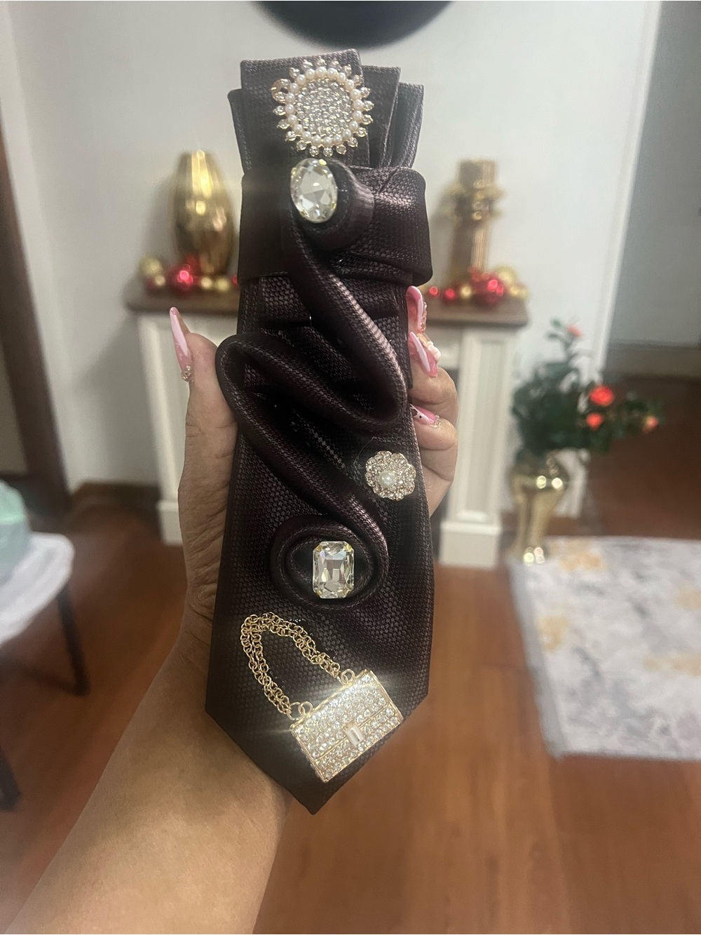 Embellished Dark Brown Men's Necktie with Crystal Accents